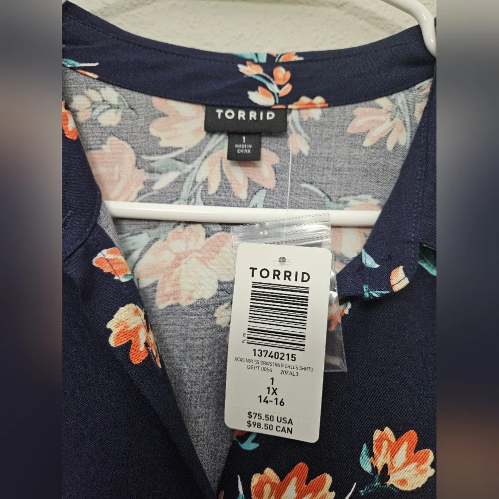 Torrid NWT 1X Plus Navy Floral Midi Challis Button Front Shirt Dress Pockets - Picture 3 of 8